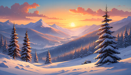 Snow-Covered Pines and a Frozen Valley Illuminated by a Fiery Evening Sky