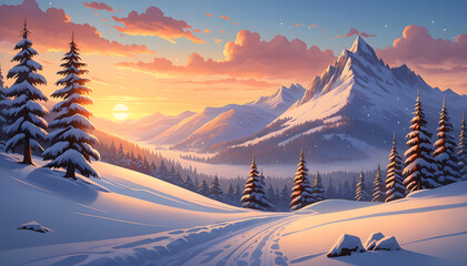 Golden Sunset Over Snowy Mountain Peaks with Pine Trees and Winding Trail