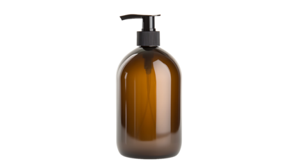 Elegant brown bottle with dispenser against black background. Refined design, practical for liquids like lotions or soaps. A simple, reusable container.