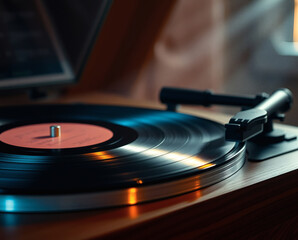 Vinyl records spin in warm afternoon light creating a nostalgic ambiance in a cozy room