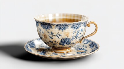 A Delicate Porcelain Teacup, Adorned With A Charming Blue Floral Pattern, Holds A Warm Inviting Brew, A Moment Of Peaceful Tranquility Captured In Soft Light