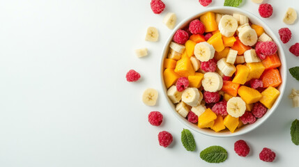 Menu of lycopene, Fresh fruit salad with papaya and banana in a white bowl.