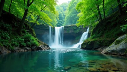 River with lush greenery and a waterfall backdrop, forest, scenery, river