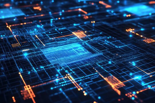 Abstract digital circuit board.  Intricate network of glowing connections.  Complex digital pattern