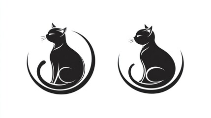 Two stylized black cats sitting, profile views, white background, pet logo design