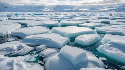 Obraz premium Expansive view of floating icebergs and ice formations in a glacial sea under a cloudy sky