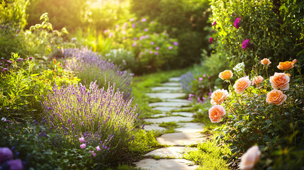 A lush English garden with an array of blooming flowers in full color