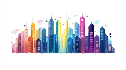 Crédence de cuisine en verre imprimé Vibrant watercolor skyline showcasing colorful modern skyscrapers and urban landscape.