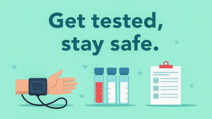 Medical professional checking patient's blood pressure, surrounded by diagnostic tools like test tubes and medical checklist for preventive healthcare monitoring
