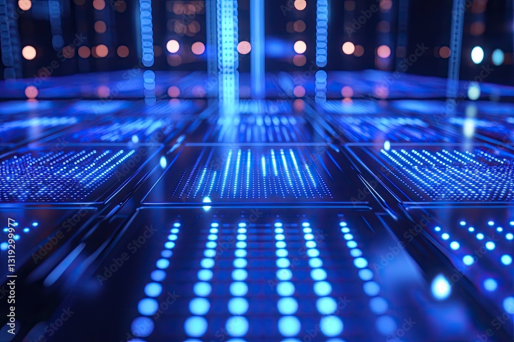 Fototapete Futuristic data network infrastructure.  Dynamic glowing blue light patterns on structured panels, creating a sense of advanced technology and connectivity
