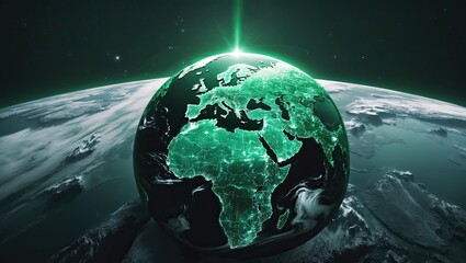 A glowing, dark planet Earth with shimmering green lights representing cities and connections, set against a starry space backdrop