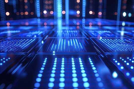 Futuristic data network infrastructure.  Dynamic glowing blue light patterns on structured panels, creating a sense of advanced technology and connectivity