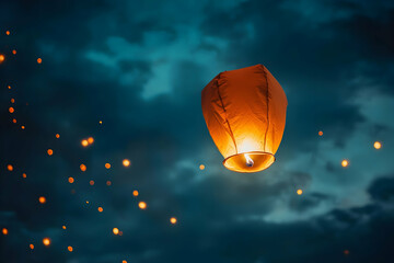 Floating Lantern in the Dark Sky, Emitting a Soft and Peaceful Glow