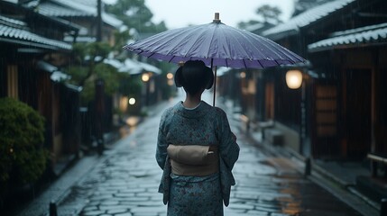 Rainy Japanese street scene, woman in traditional dress