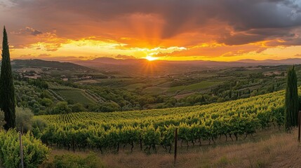 Vineyard landscape view. Sunset over valley. Rows of plants growing. Golden sunlight and clouds in the sky. Rural scenic environment at evening.