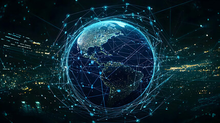 Obraz premium Rotating Digital Globe With Blue Data Streams and Network Connections on Dark Background