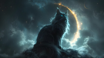Majestic cat gazing at a shimmering crescent moon amidst a starry night sky with clouds