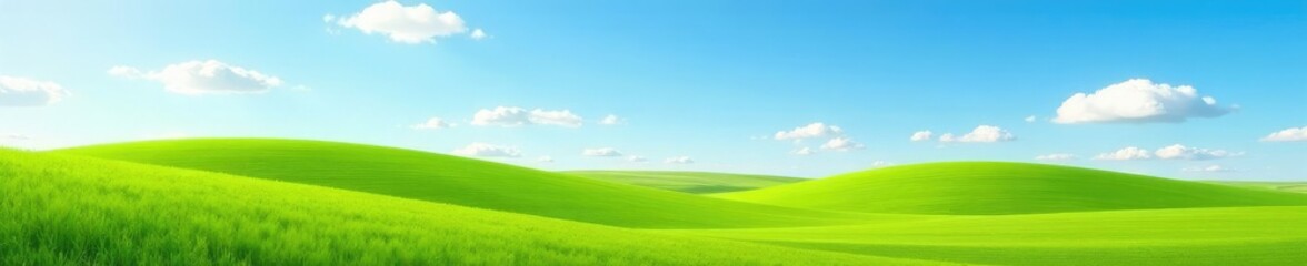 Fototapeta premium Rolling hills with green field and blue sky in Kansas landscape, vast lands, sky