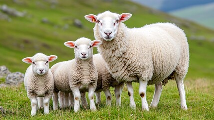 Fototapeta premium adorable sheep family in green pastures