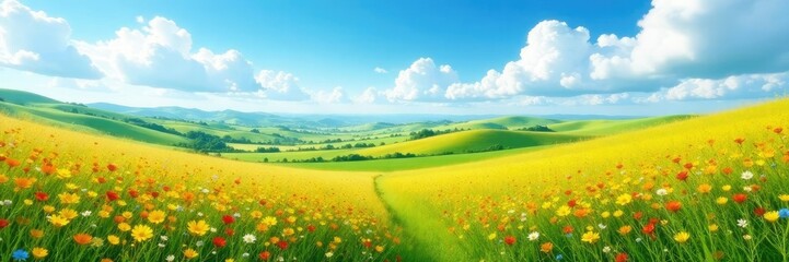 Fototapeta premium Rolling hills with white clouds against a blue sky and blooming wildflowers, agriculture, sunshine