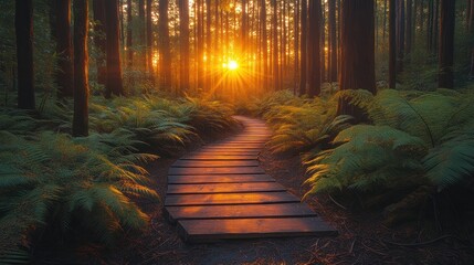 Golden path through a sunlit forest