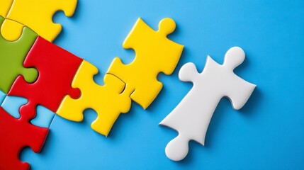 Obraz premium Colorful Puzzle Pieces with One White Piece on a Blue Background