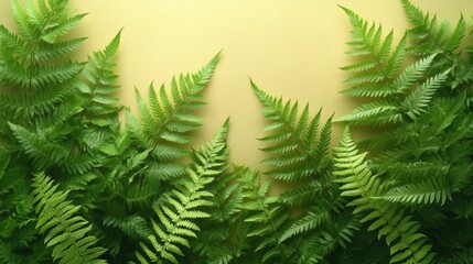Fototapeta premium Fresh green ferns arranged on a pastel yellow background
