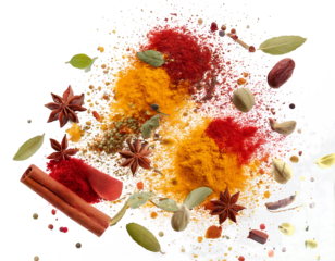 Different aromatic spices falling isolated on transparent background