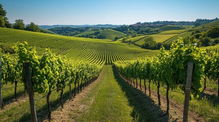 Naklejka premium Vineyard rows stretch across green hills. Bright sunlight shines on plant leaves. Landscape shows rolling terrain. Rows of vines in the countryside.