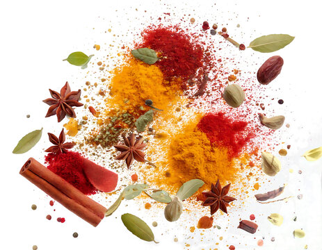 Different aromatic spices falling isolated on transparent background