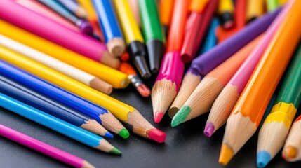 Fototapeta premium Colorful Collection of Pencils on Dark Surface for Creative Purpose