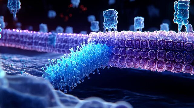 Microscopic view of cellular structures showing protein interactions and membrane dynamics at a molecular level