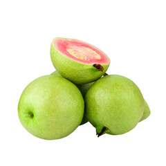 Guava is a tropical fruit with pink juicy flesh and a strong sweet aroma with leaf on a transparent background