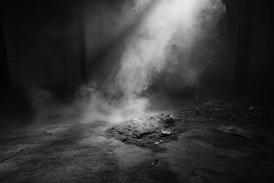 Ruined space, shrouded in smoke and dust