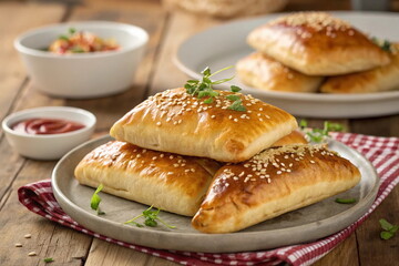 Homemade baked pies or patties stuffed with cabbage and meat