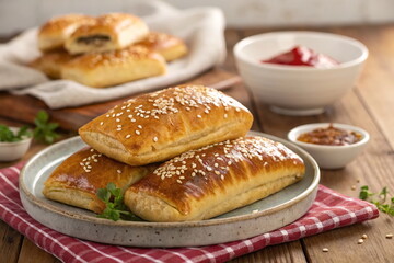 Homemade baked pies or patties stuffed with cabbage and meat
