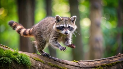 A playful raccoon leaps across a mossy log in a sun-dappled forest, its paws outstretched, showcasing its agile nature and beautiful fur