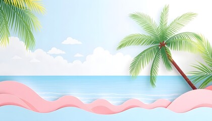 Obraz premium Summer Beach Vacation Vector Design with Palm Leaves and Pink Wave