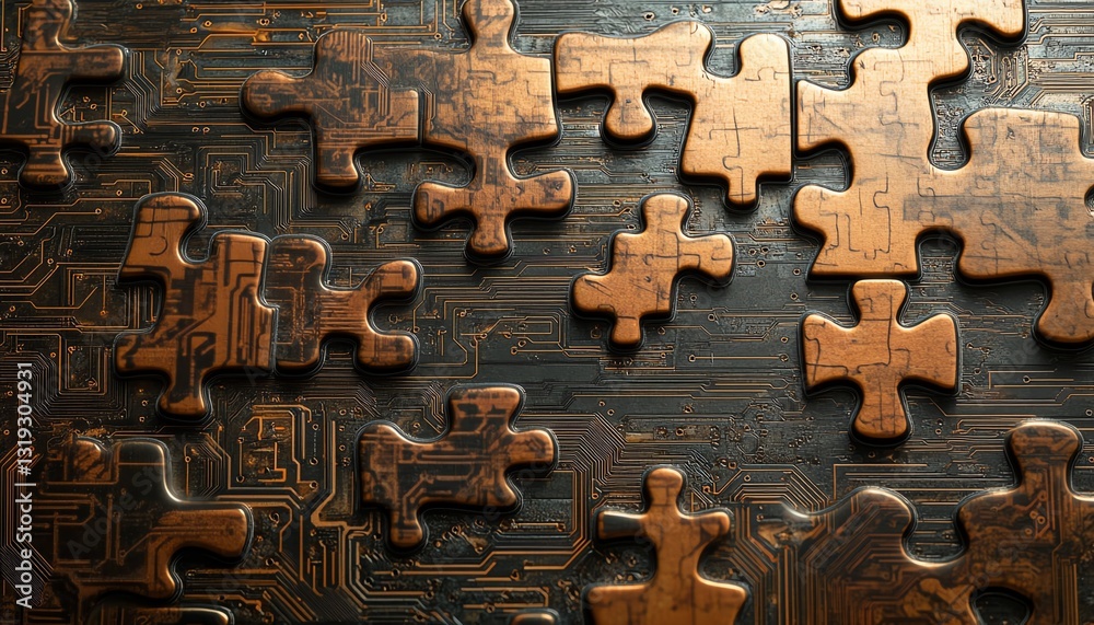 Poster Futuristic puzzle pieces with digital circuits, illustrating the complexity and integration of DevOps technology and processes