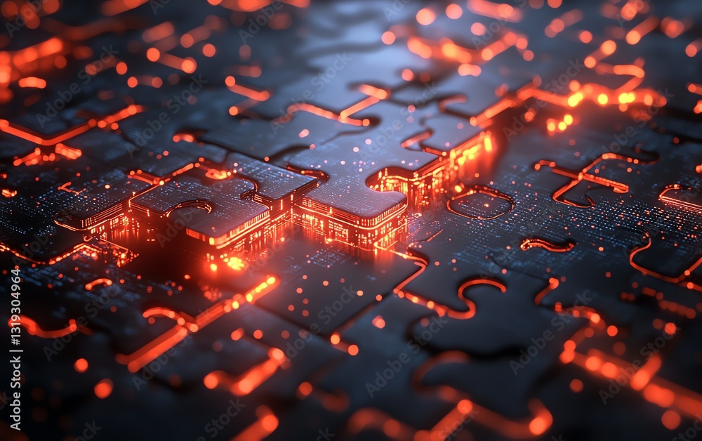 Aufkleber Interconnected puzzle pieces with glowing digital circuits, visualizing the integration and complexity of DevOps in a cuttingedge style