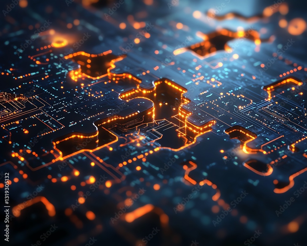 Aufkleber Puzzle pieces with digital circuits, symbolizing the integration and complexity of DevOps, in a hightech and futuristic design