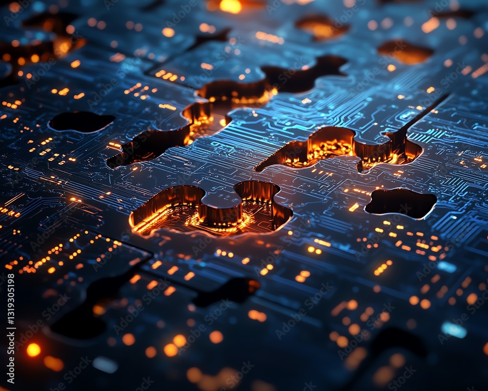 Aufkleber Puzzle pieces with digital circuits, symbolizing the integration and complexity of DevOps, in a hightech and futuristic design