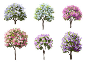 Obraz premium Vector watercolor blooming flower tree or forest side view isolated on white background for landscape and architecture drawing,elements for environment or and garden,green tree for garden section 