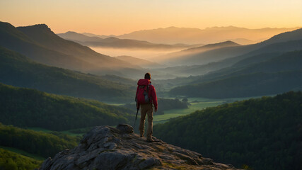 Fototapeta premium Hiker stands on rocky peak overlooking misty valley at dawn in tranquil mountain landscape