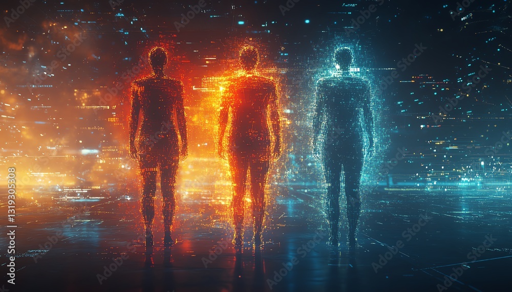Aufkleber Three digital human figures representing data visualization and analytics, surrounded by colorful abstract elements in a futuristic space