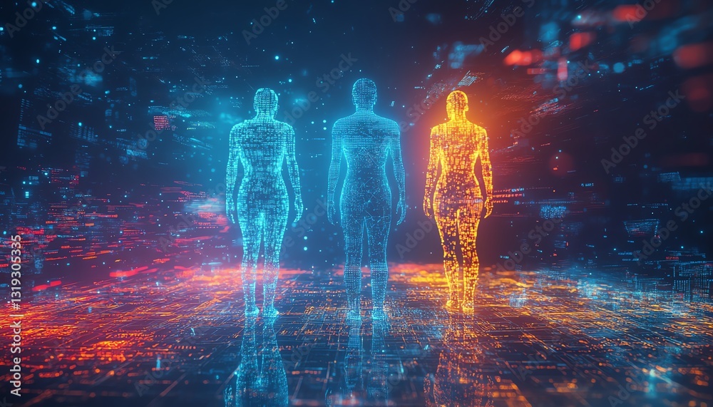 Fototapete three digital human figures representing data visualization and analytics, surrounded by colorful ab