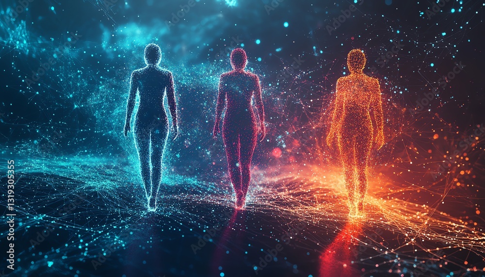Fototapete three digital human figures representing data visualization and analytics, surrounded by colorful ab