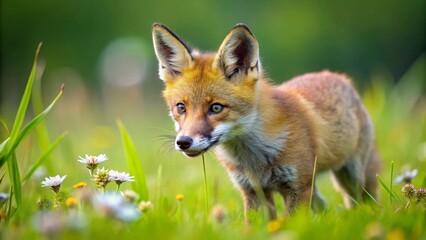 Fototapeta premium A young red fox kit exploring a vibrant meadow, surrounded by wildflowers and lush green grass, a symbol of untamed beauty and natural wonder