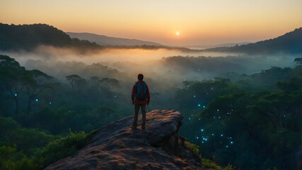 Fototapeta premium Exploring the breathtaking sunrise over a misty forest landscape in the early morning light