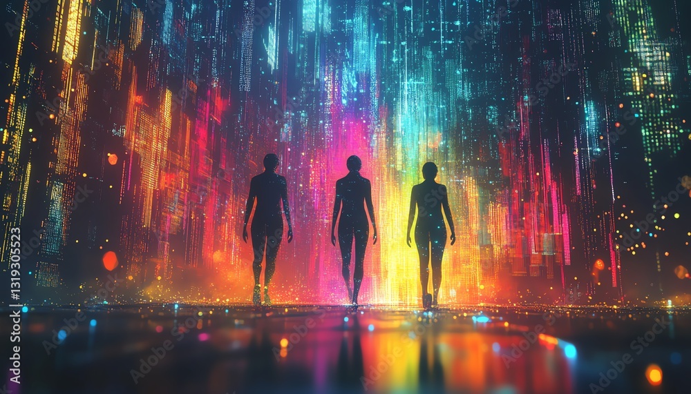 Aufkleber Three futuristic digital human figures immersed in a colorful abstract environment, illustrating data visualization and advanced analytics in motion